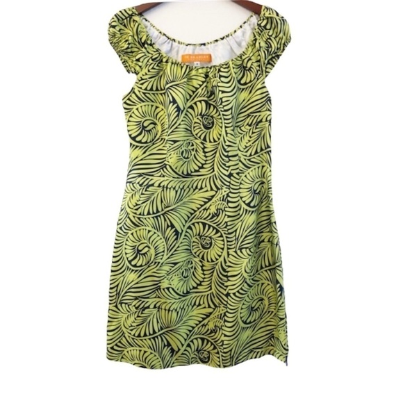 CK BRADLEY Silk Off Shoulder Dress Size 4 in Green with Navy Tropical Leaf Print - Picture 1 of 9